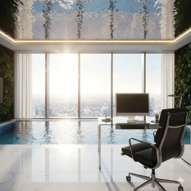 Sự kết hợp đẳng cấp giữa ghế tựa giám đốc và không gian hồ bơi nghỉ dưỡng