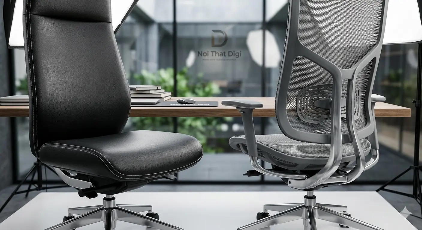 Cận cảnh chất liệu da và lưới của ghế tựa giám đốc cao cấp