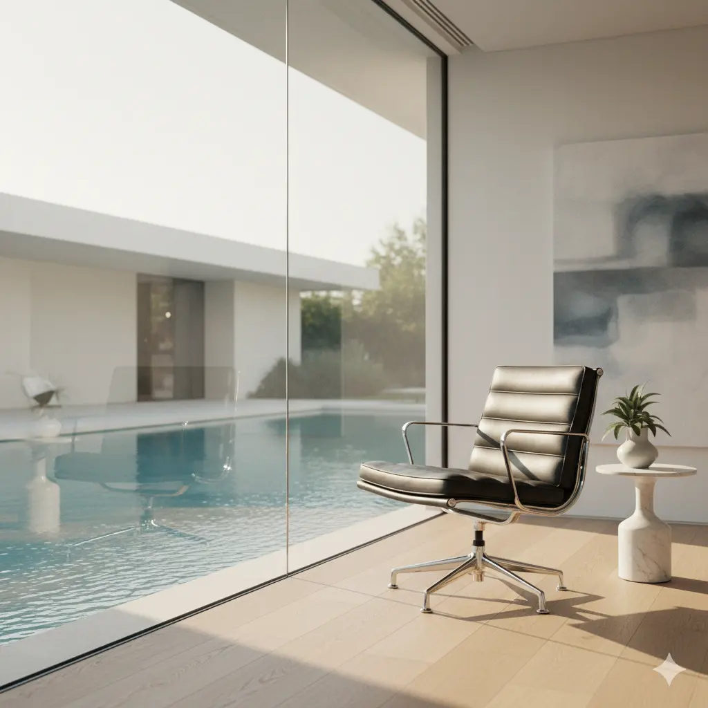 Ghế tựa giám đốc đặt cạnh cửa sổ hướng tầm nhìn ra hồ bơi